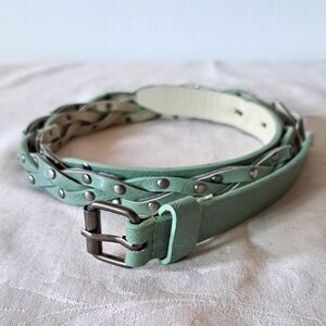 Turquoise Leather Braided Belt 47 Inches Silver Hardware